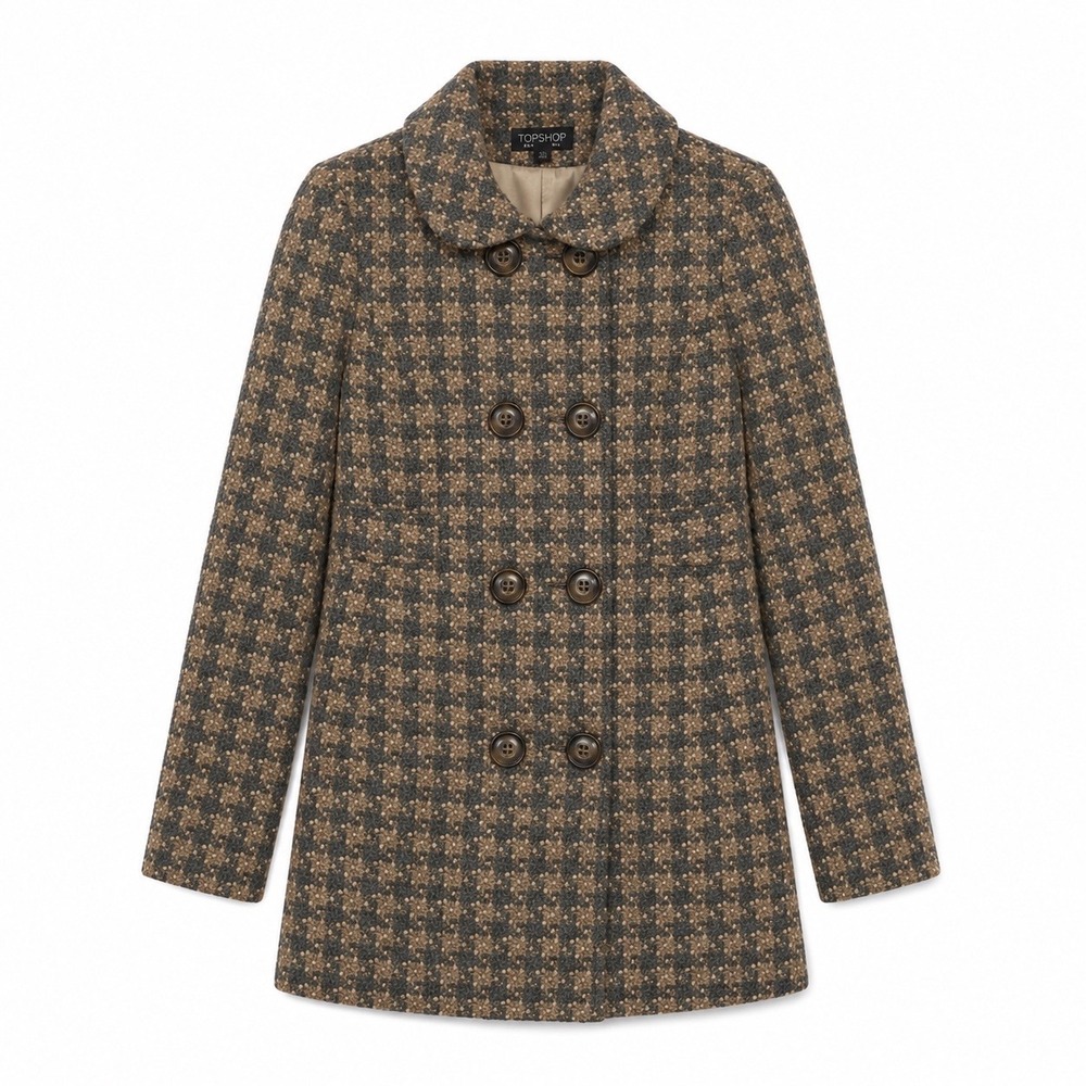 Topshop‎ Double Breasted Tweed Coat Size 4 Brown Beige Check Wool Blend Jacket